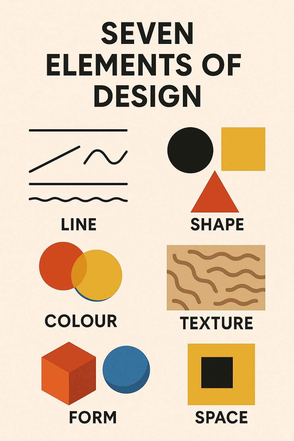 Illustration showcasing the seven elements of design with examples of lines, shapes, colours, and texture.